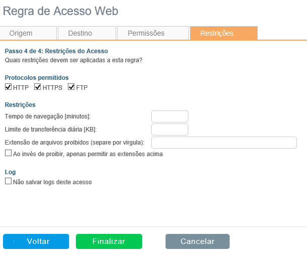 Filtro Web | Regras de Acesso | Restrições